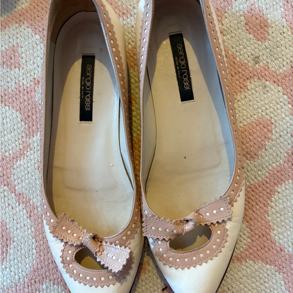 Sergio Rossi Cream and Tan Flats with Bow Detail